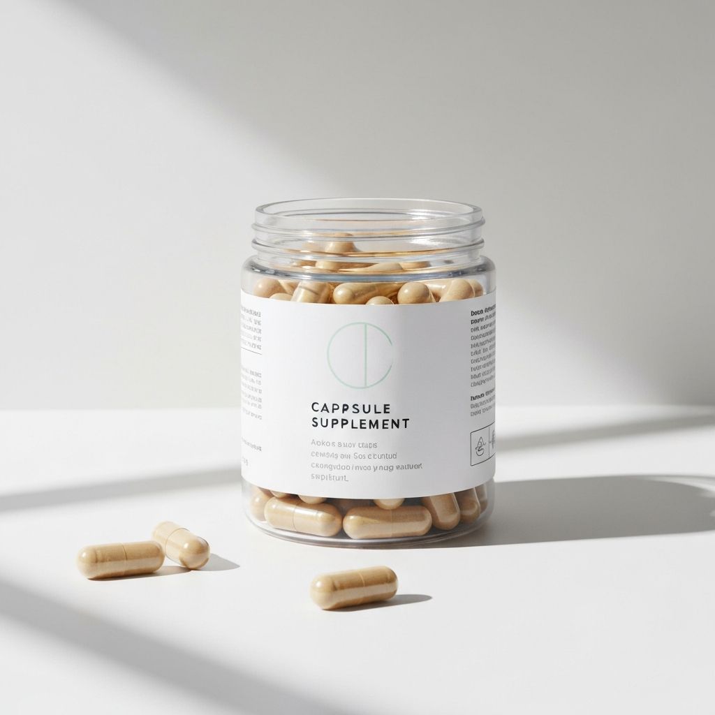 Capsule supplement in translucent jar with white label