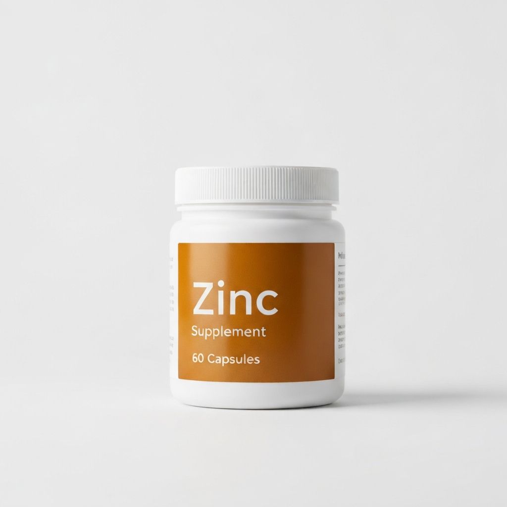 Zinc capsule supplement in white jar with amber label