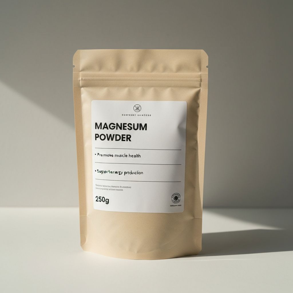 Magnesium powder in beige pouch with resealable seal